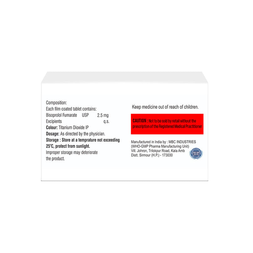 Box of Bisoprolol tablets 2.5mg composition image