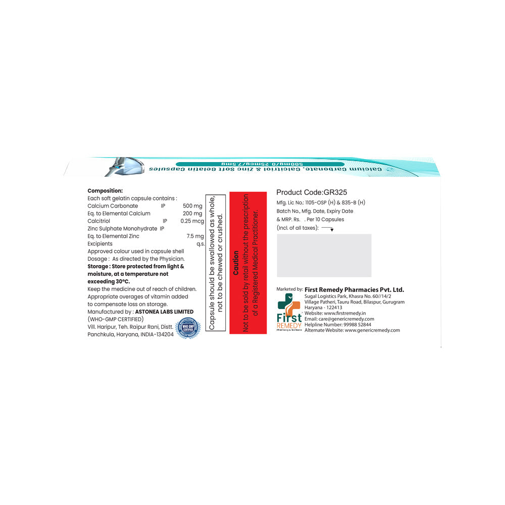 Box of Calcium 500mg, Calcitriol 0.25mcg, Zinc 7.5mg capsules composition image