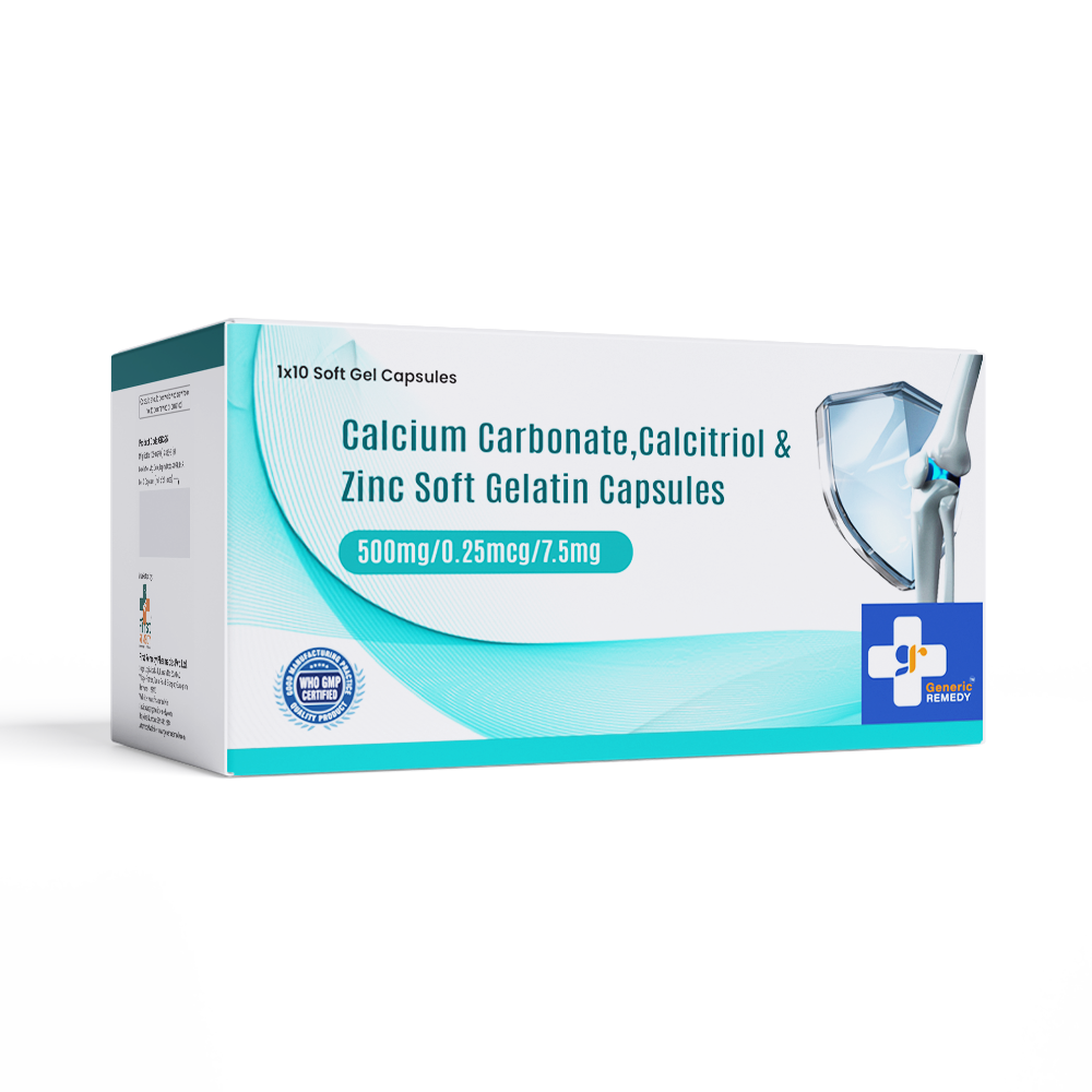 Box of Calcium Carbonate, Calcitriol & Zinc Soft Gelatin capsules front image