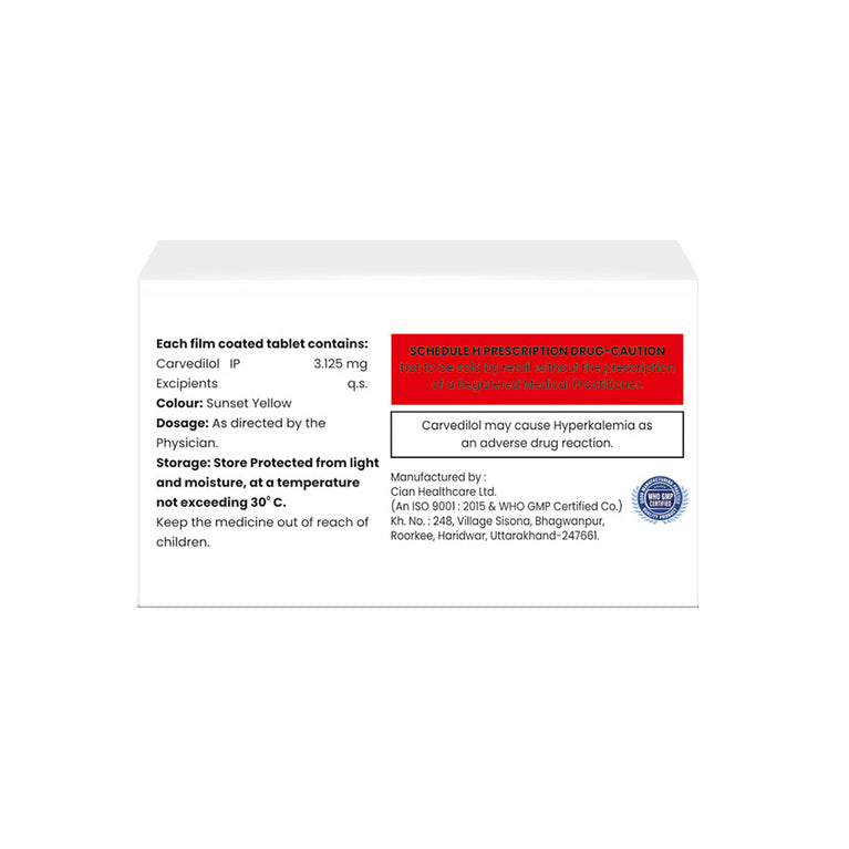 Box of Carvedilol tablets 3.125mg composition image