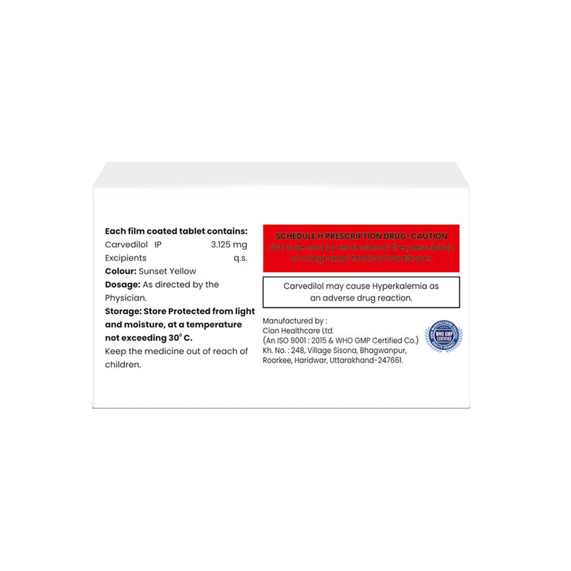 Box of Carvedilol tablets 3.125mg composition image