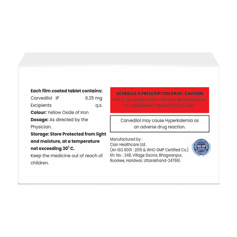 Box of Carvedilol tablets 6.25mg composition image