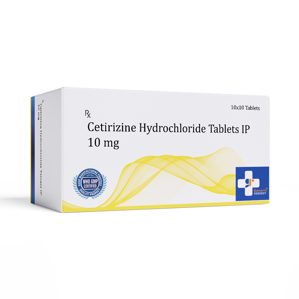 Box of Cetirizine Hydrochloride tablets 10mg front image