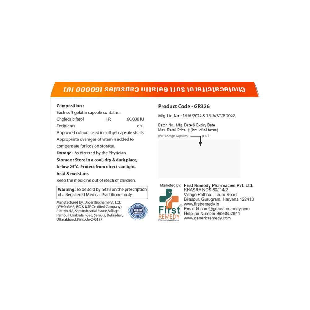 Box of Cholecalciferol 60,000 IU soft gelatin capsules composition image