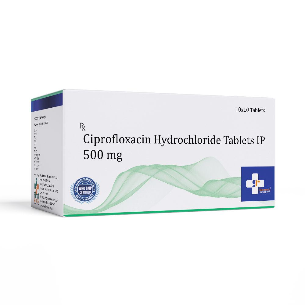 Box of Ciprofloxacin Hydrochloride 500mg tablets front image