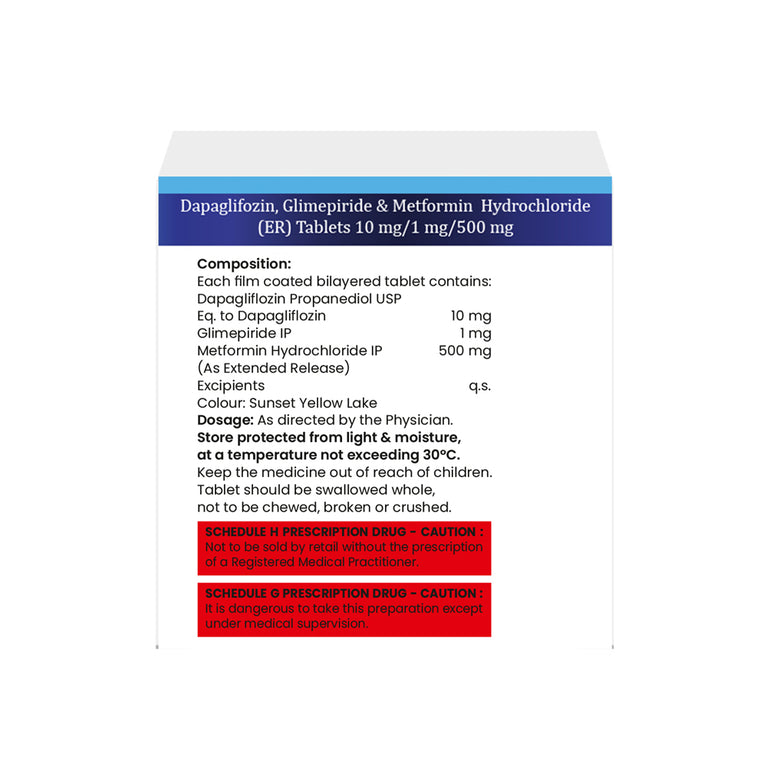 Box of Dapagliflozin, Glimepiride & Metformin ER tablets 10mg/1mg/500mg composition image