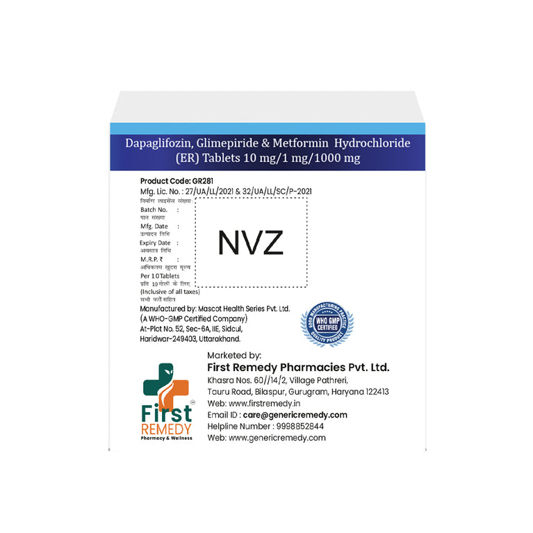 Box of Dapagliflozin, Glimepiride & Metformin ER tablets 10mg/1mg/1000mg back image