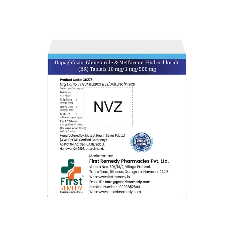 Box of Dapagliflozin, Glimepiride & Metformin ER tablets 10mg/1mg/500mg back image