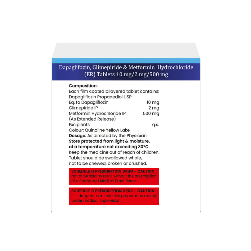 Box of Dapagliflozin, Glimepiride & Metformin ER tablets 10mg/2mg/500mg