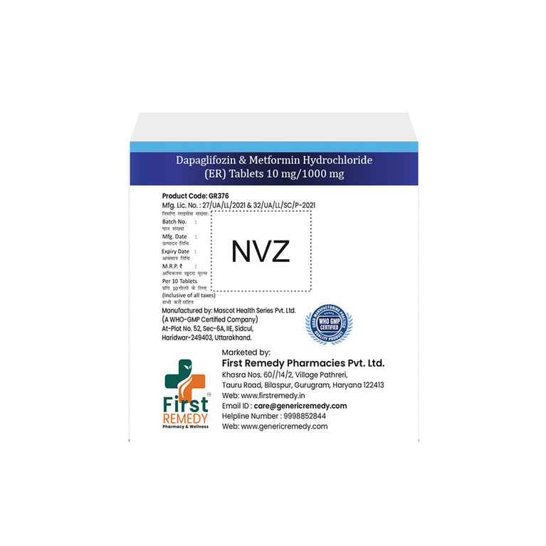 Box of Dapagliflozin & Metformin ER tablets 10mg/1000mg back image