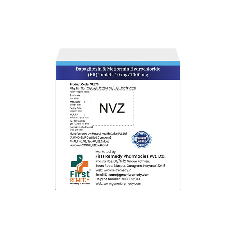 Box of Dapagliflozin & Metformin ER tablets 10mg/1000mg back image
