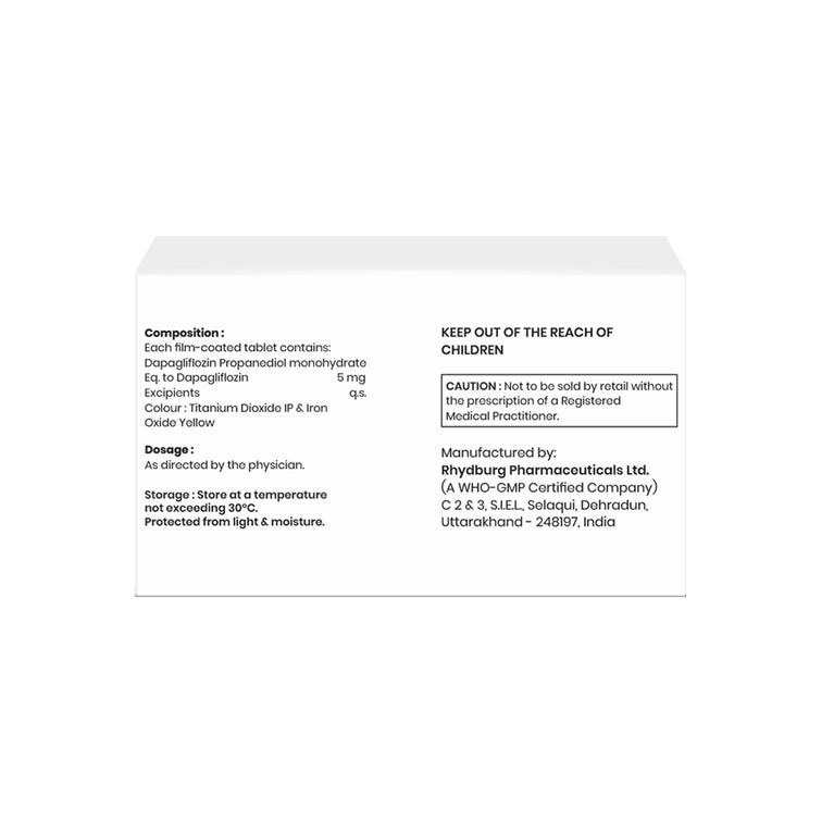 Box of Dapagliflozin tablets 5mg composition image