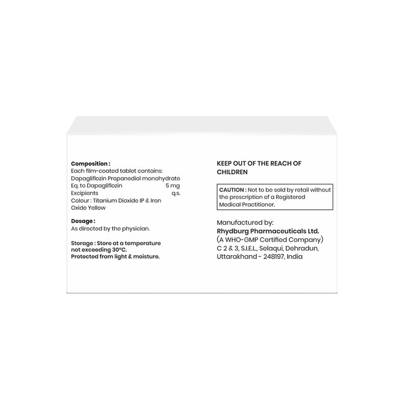 Box of Dapagliflozin tablets 5mg composition image