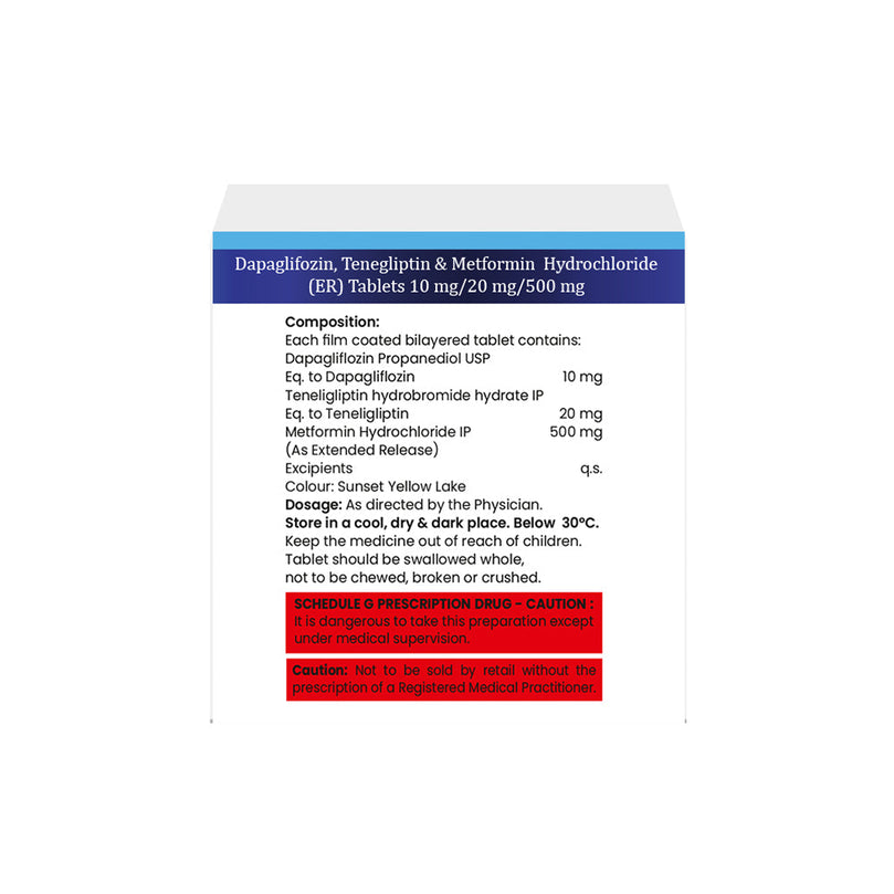 Box of Dapagliflozin, Teneligliptin & Metformin ER tablets 10mg/20mg/500mg composition image