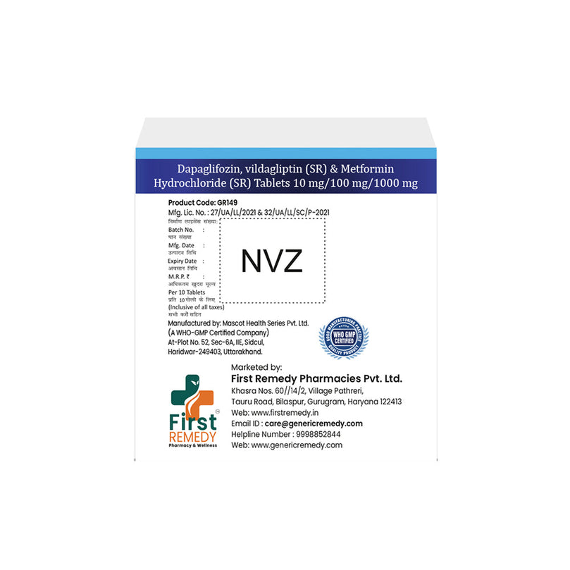 Box of Dapagliflozin, Vildagliptin SR & Metformin SR tablets 10mg/100mg/1000mg back image