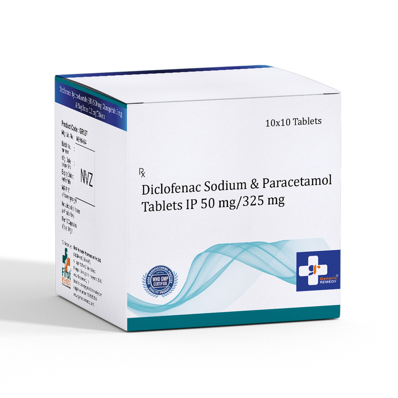 Box of Diclofenac 50mg & Paracetamol 325mg tablets front image