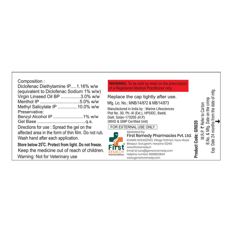 Tube of Diclofenac, Linseed oil, Methyl Salicylate & Menthol gel composition image