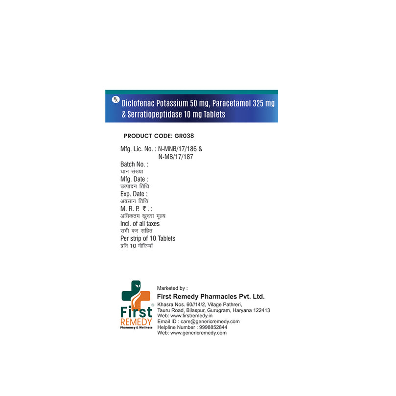Box of Diclofenac, Paracetamol & Serratiopeptidase tablets 50mg/325mg/10mg back image