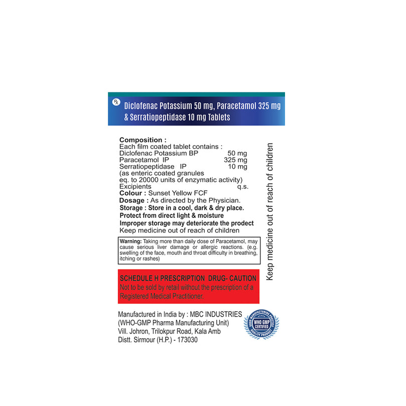 Box of Diclofenac, Paracetamol & Serratiopeptidase tablets 50mg/325mg/10mg composition image