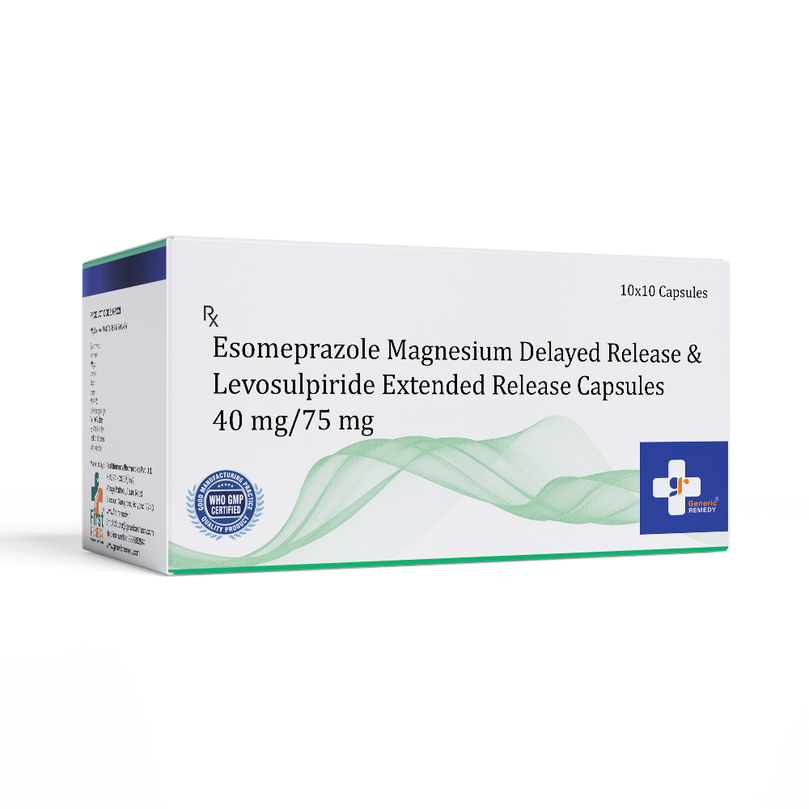 Box of Esomeprazole Delayed Release & Levosulpride Extended Release capsules 40/75mg front image