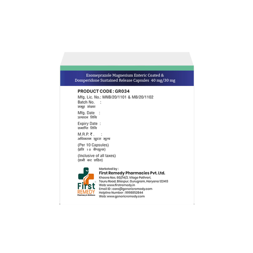 Box of Esomeprazole & Domperidone SR capsules 40mg/30mg back image