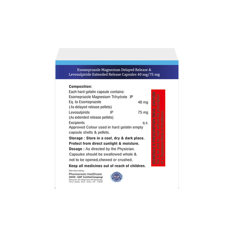 Box of Esomeprazole DR & Levosulpiride ER capsules 40mg/75mg composition image