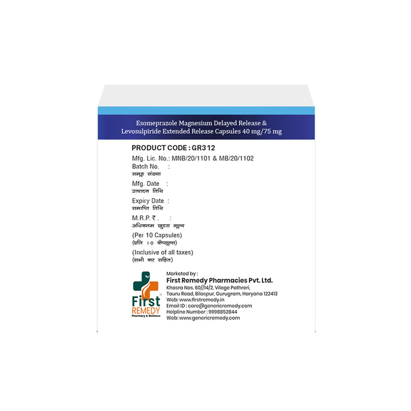 Box of Esomeprazole DR & Levosulpiride ER capsules 40mg/75mg back image