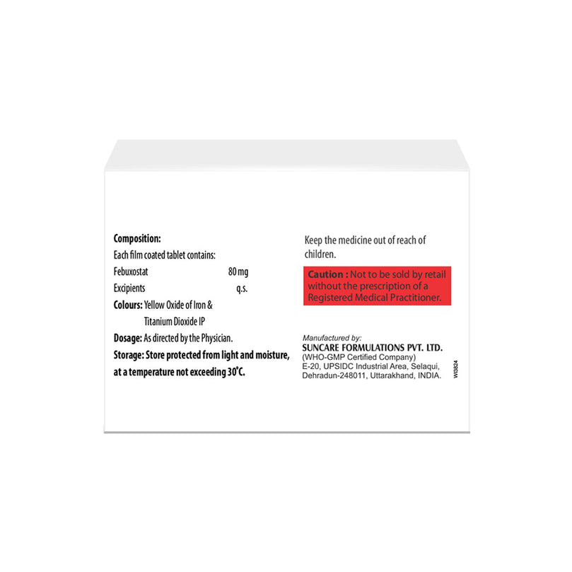 Box of Febuxostat 80mg tablets composition image