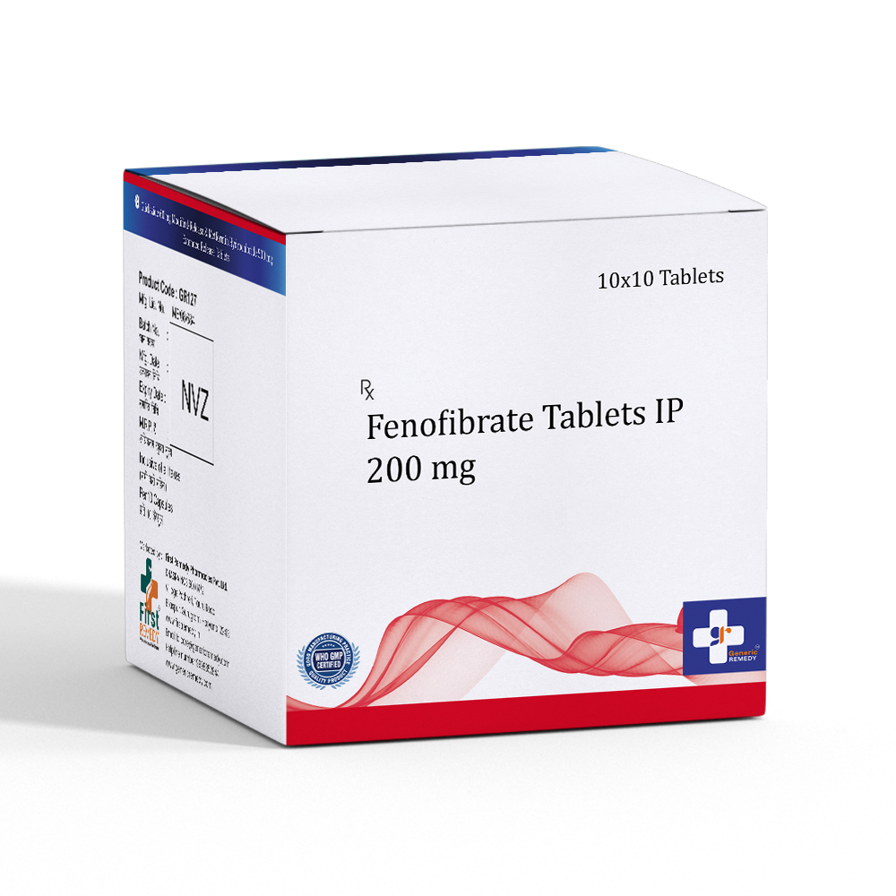 Box of Fenofibrate tablets 200mg front image