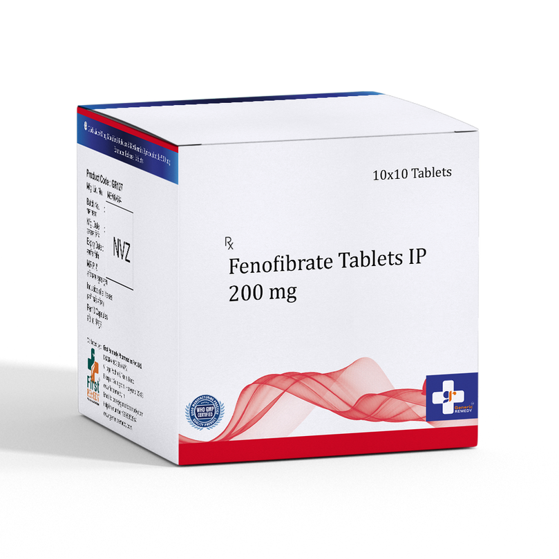 Box of Fenofibrate tablets 200mg front image