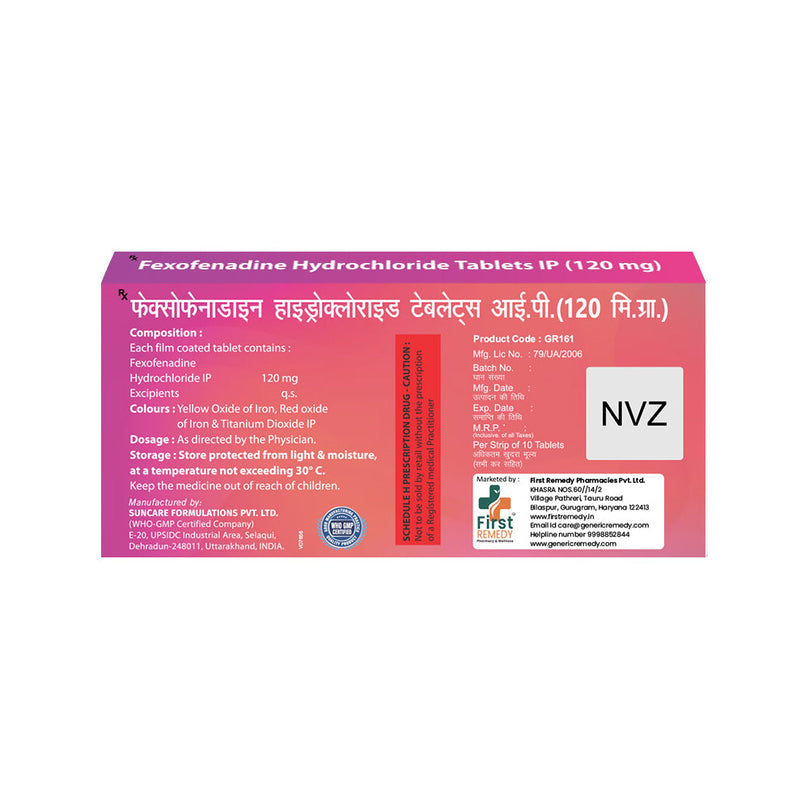 Box of Fexofenadine tablets 120mg back image