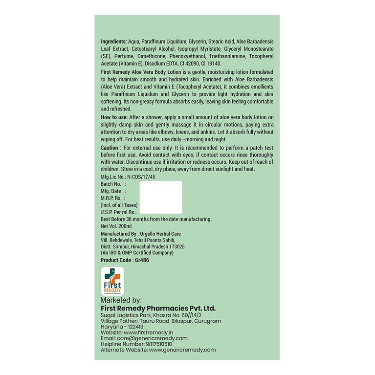 Bottle of First Remedy Aloe vera Body Lotion back image