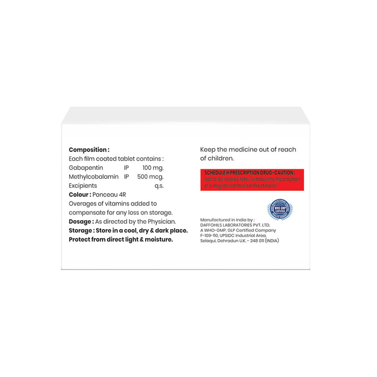 Box of Gabapentin & Methylcobalamin tablets 100mg/500mcg composition image