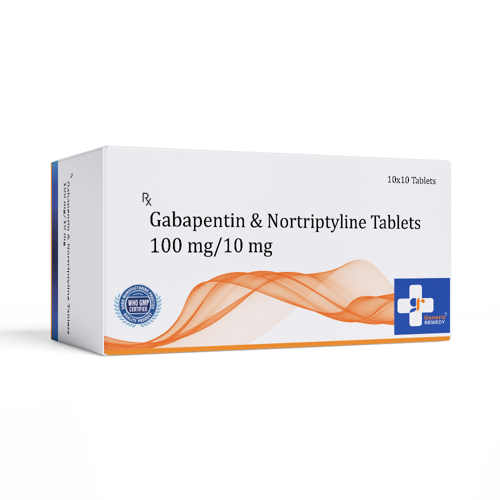 Box of Gabapentin & Nortriptyline tablets 100mg/10mg front image