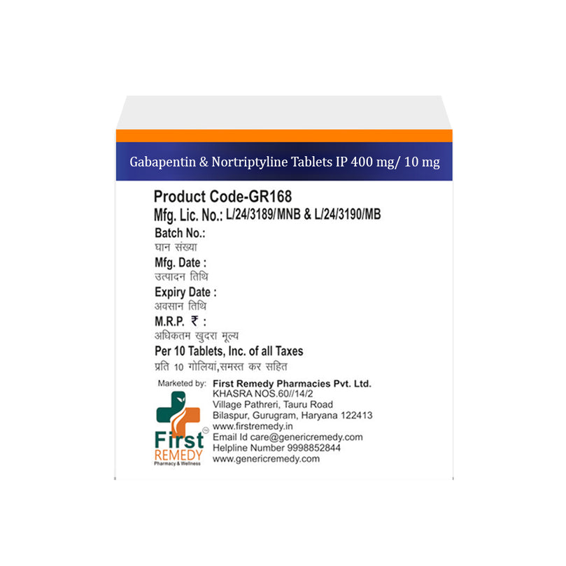 Box of Gabapentin & Nortriptyline tablets 400mg/10mg back image