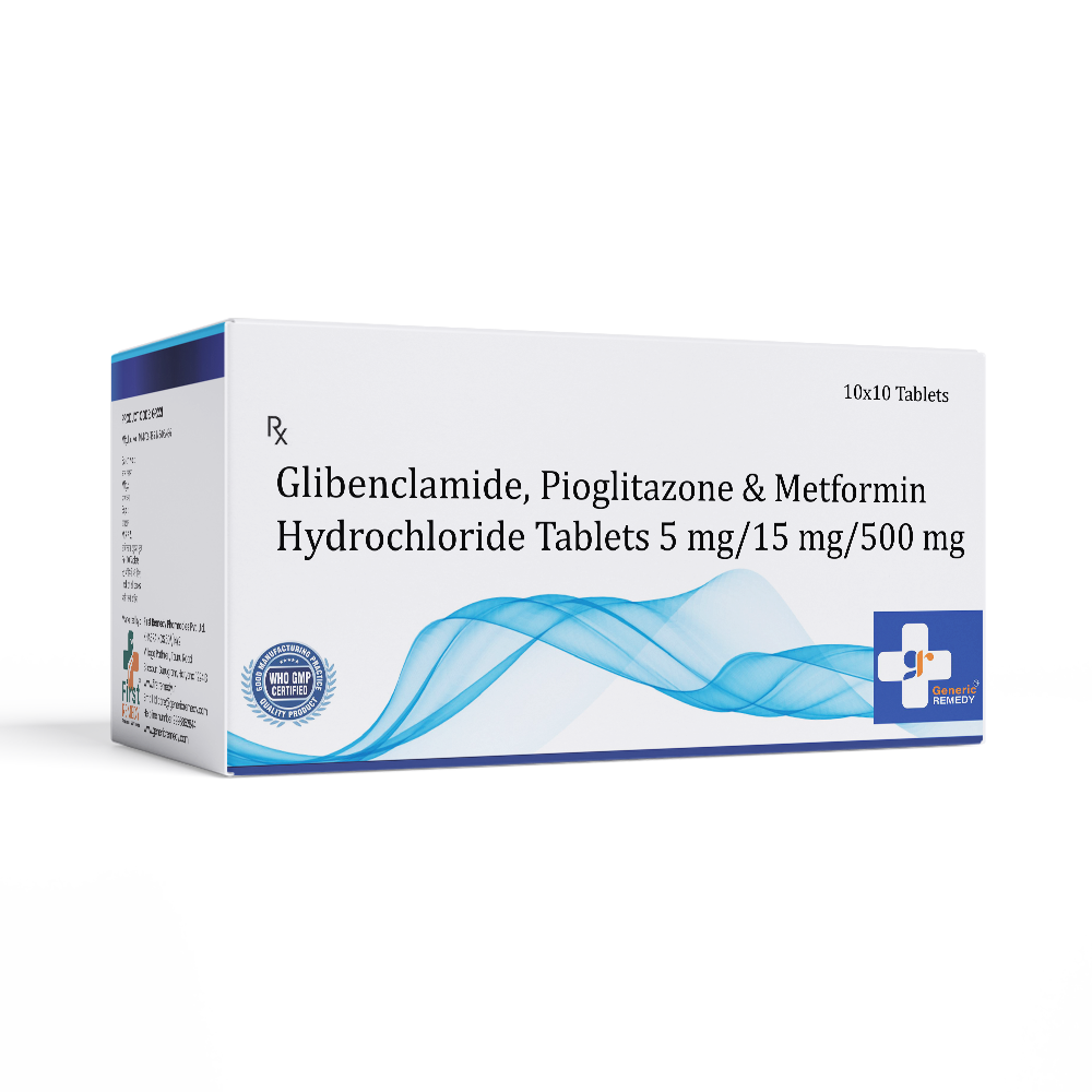 Box of Glibenclamide, Pioglitazone & Metformin Hydrochloride tablets 5/15/500mg front image