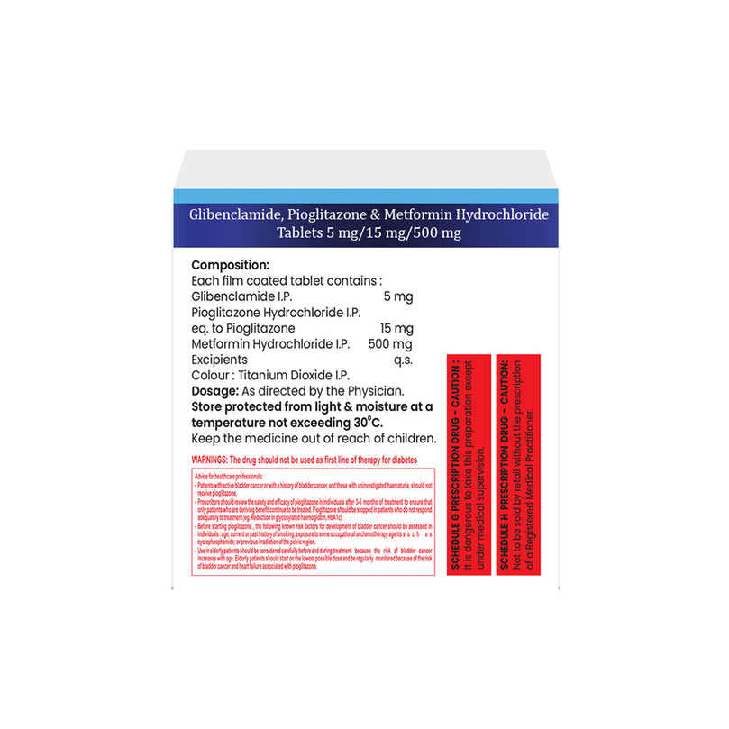 Box of Glibenclamide, Pioglitazone & Metformin tablets 5mg/15mg/500mg composition image
