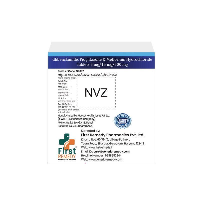 Box of Glibenclamide, Pioglitazone & Metformin tablets 5mg/15mg/500mg back image