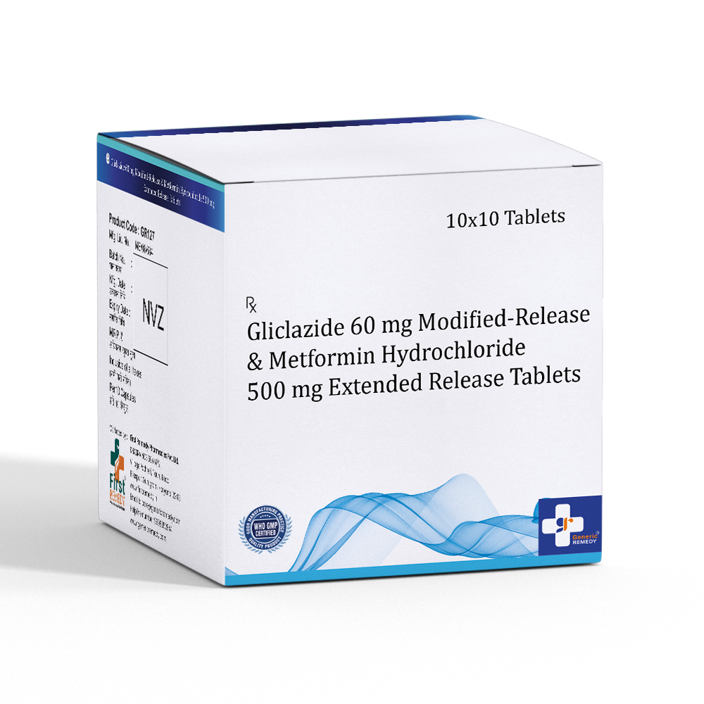 Box of Gliclazide 60mg MR & Metformin 500mg ER tablets front image