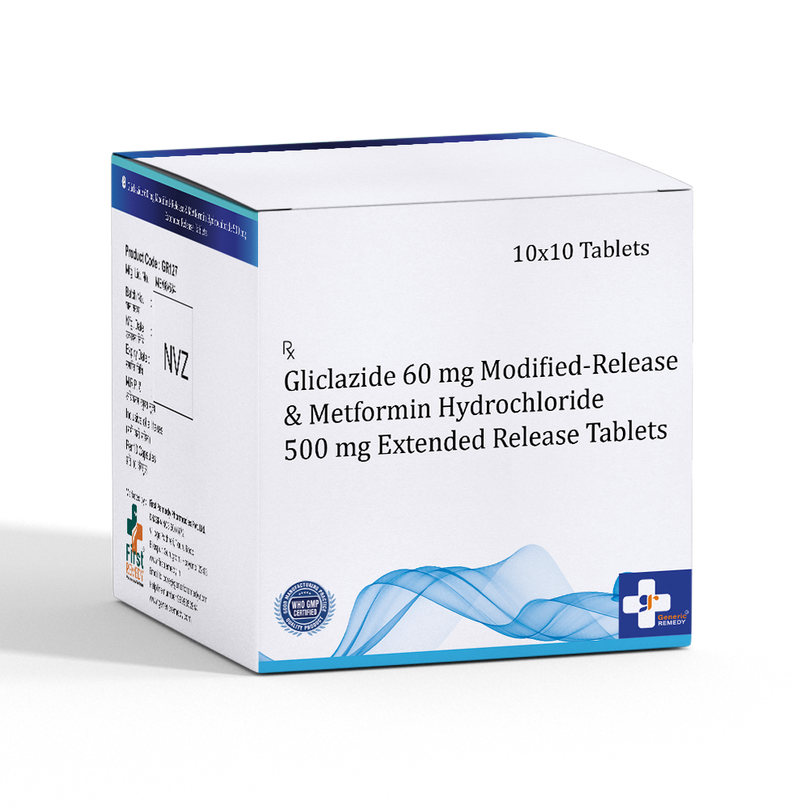Box of Gliclazide 60mg MR & Metformin 500mg ER tablets front image