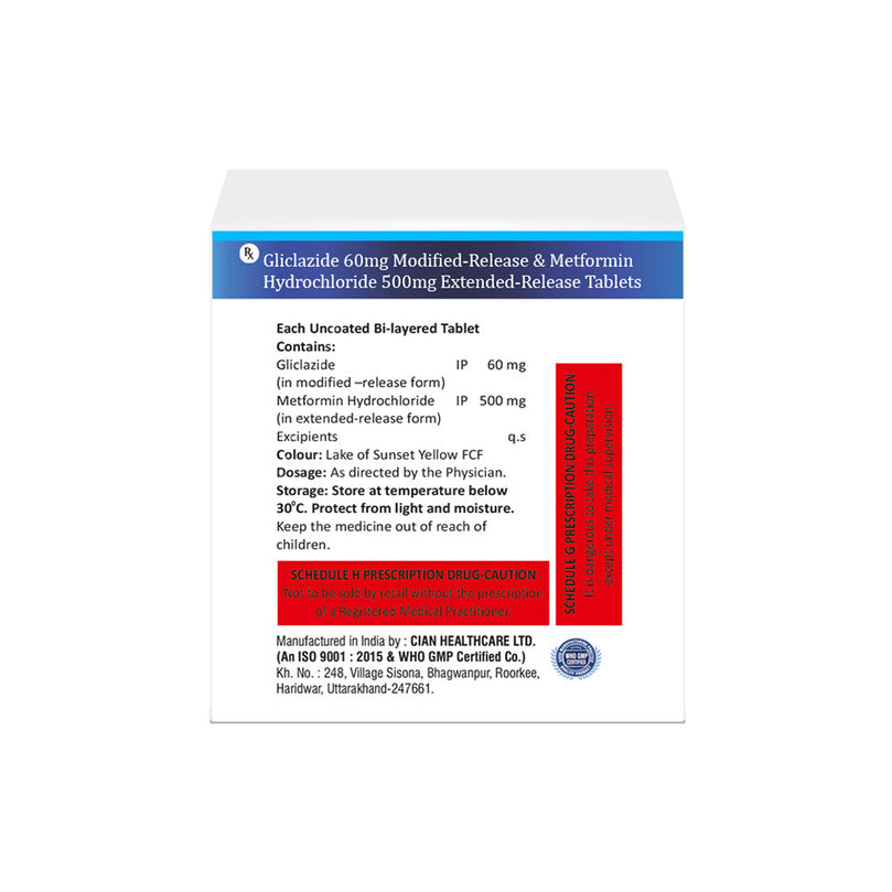 Box of Gliclazide MR & Metformin ER tablets 60mg/500mg composition image