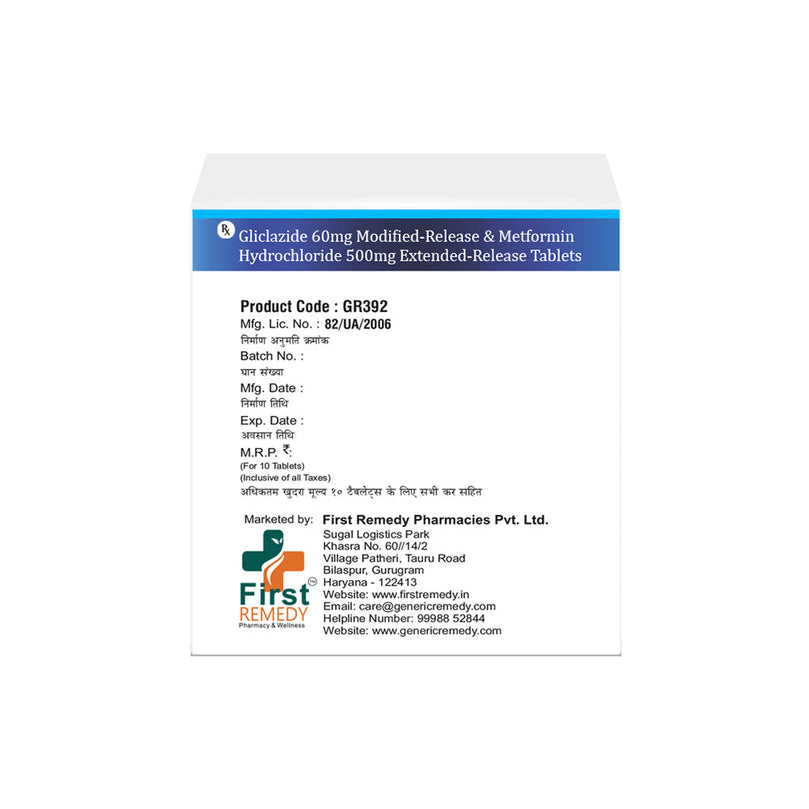 Box of Gliclazide MR & Metformin ER tablets 60mg/500mg back image