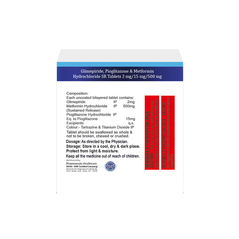 Box of Glimepiride, Pioglitazone & Metformin SR tablets 2/15/500mg composition image