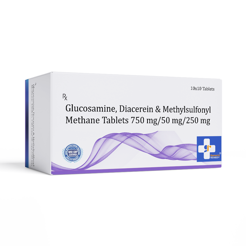 Box Glucosamine, Diacerein & Methylsulfonyl Methane tablets 750mg/50mg/250mg front image