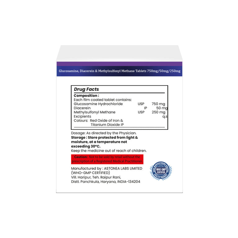 Box of Glucosamine, Diacerein & Methyl sulfonyl Methane tablets 750mg/50mg/250mg composition image 
