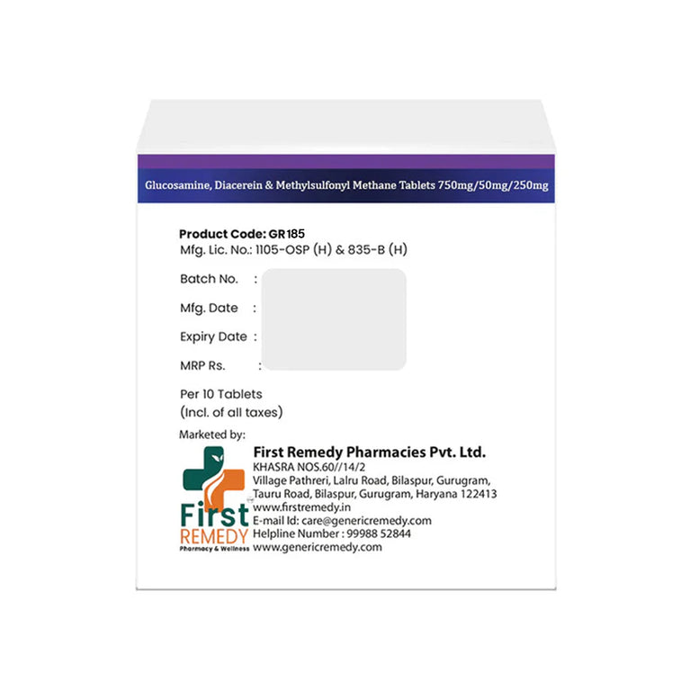Box of Glucosamine, Diacerein & Methylsulfonyl Methane tablets 750mh/50mg/250mg back image
