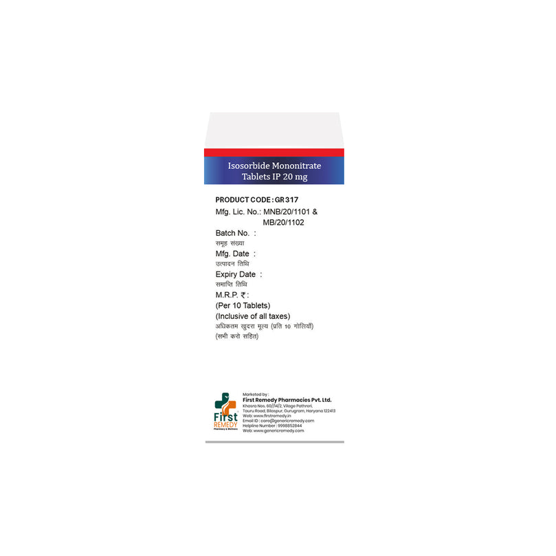 Box of Isosorbide Mononitrate tablets 20mg back image 