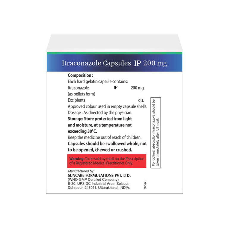 Box of Itraconazole capsules 200mg composition image
