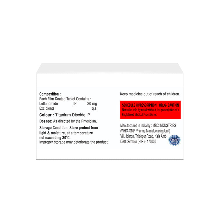 Box of Leflunomide tablets 20mg composition image