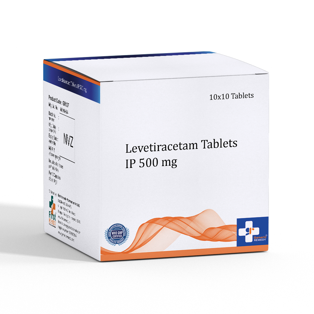 Box of Levetiracetam tablets 500mg front image
